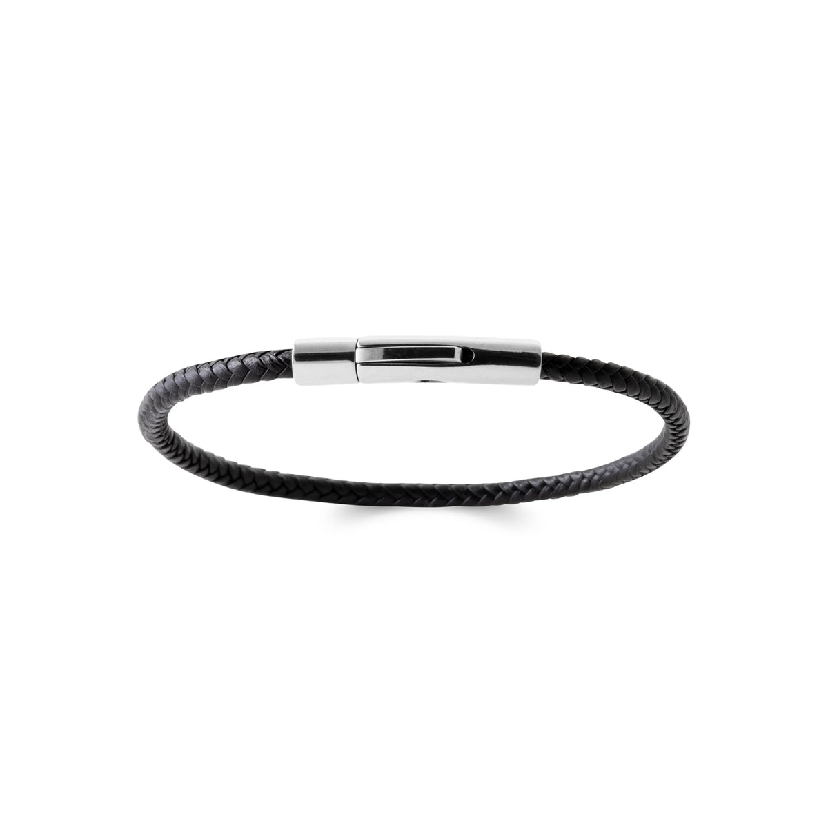 Bracelet cuir tressé fin noir et fermoir acier vu de profil