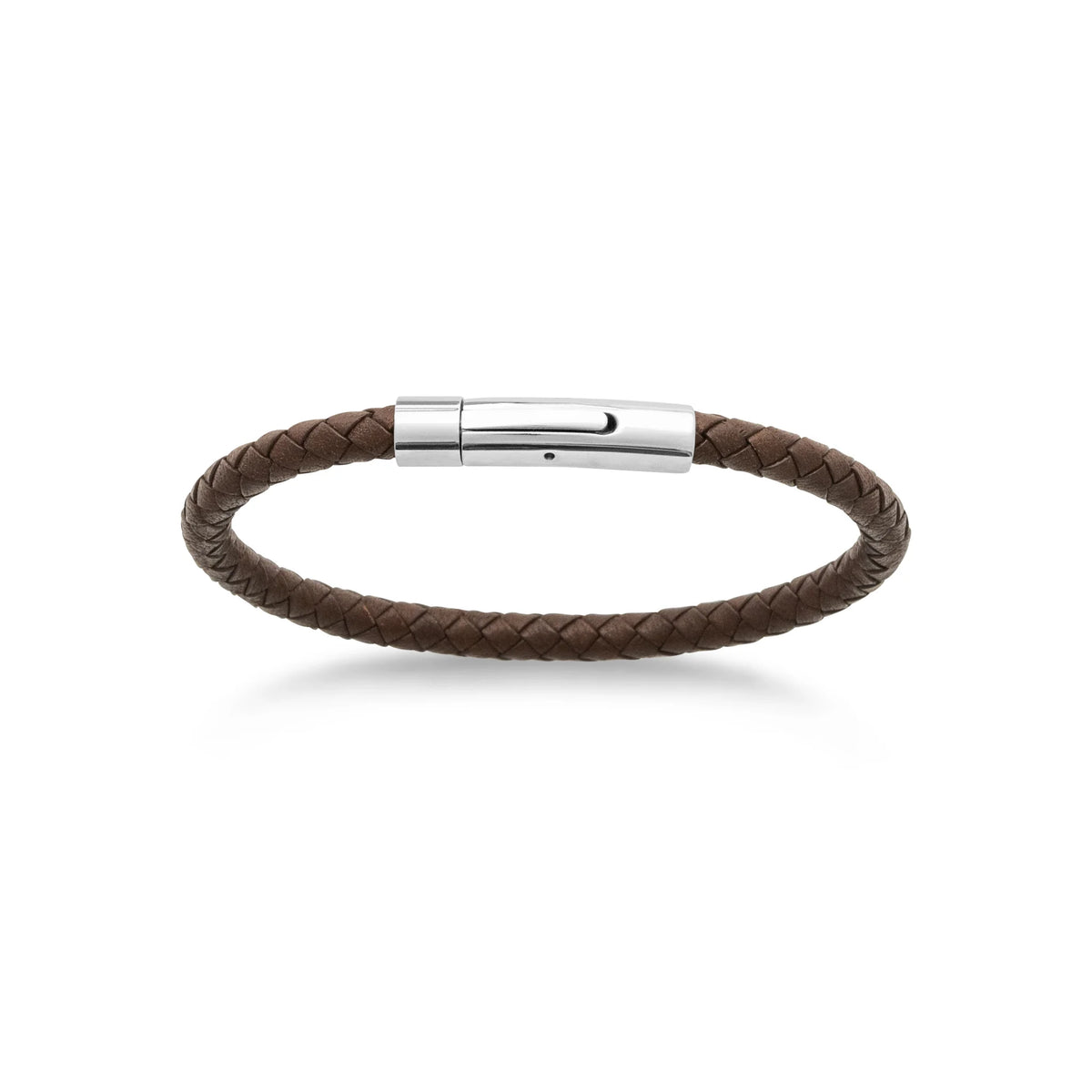 Bracelet cuir tressé marron et fermoir acier homme vu de profil