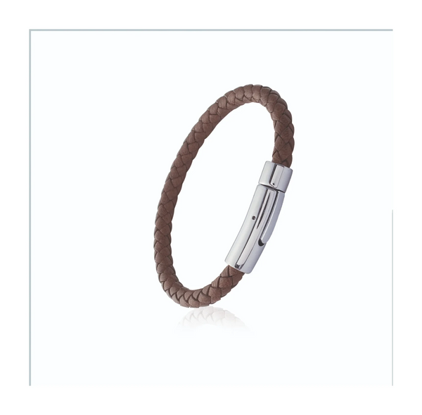Bracelet cuir tressé marron et fermoir acier homme