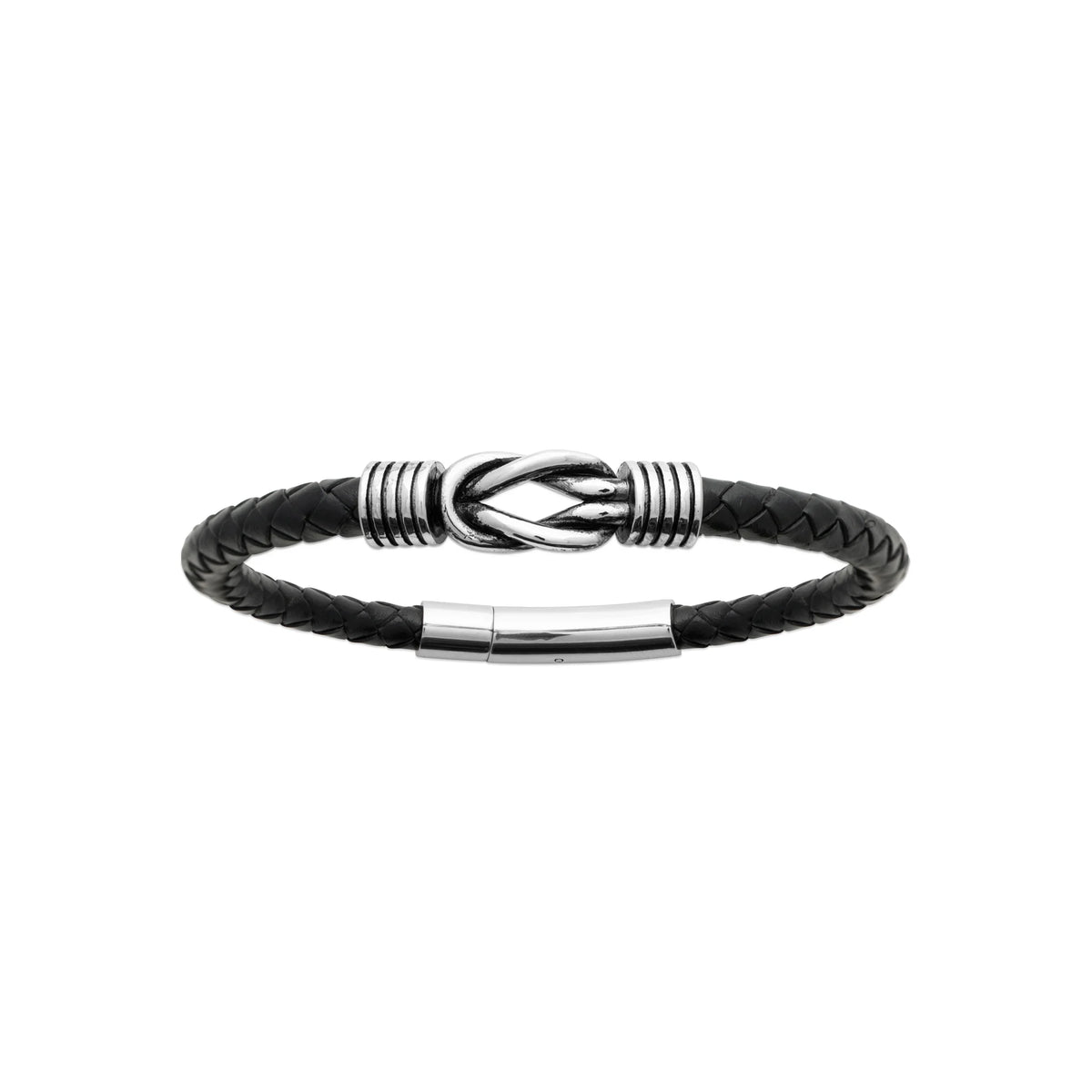 Bracelet cuir tressé noir à nœud marin en acier homme