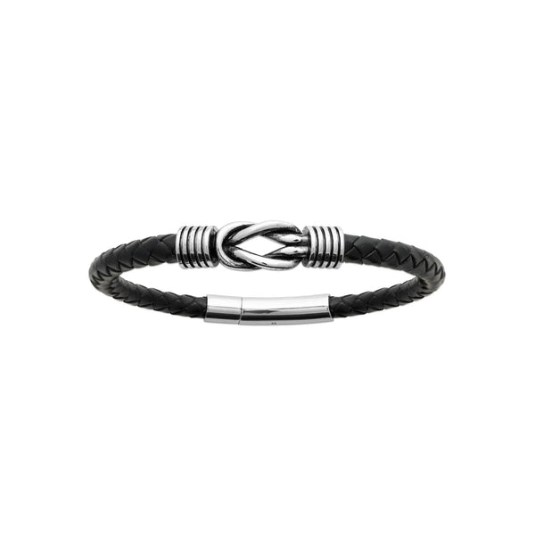 Bracelet cuir tressé noir à nœud marin en acier homme