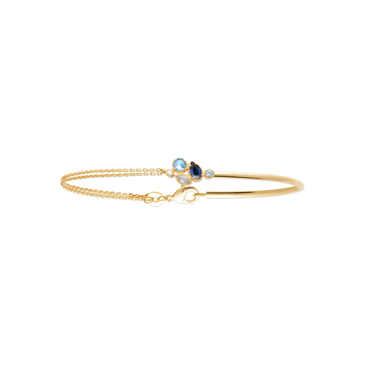 Bracelet demi-jonc grappe de pierres bleues et zircons en plaqué or