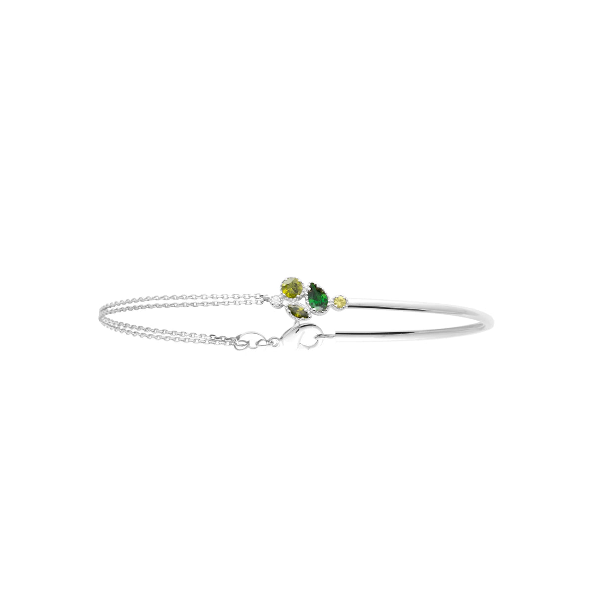 Bracelet demi-jonc grappe de pierres vertes en argent 925 rhodié