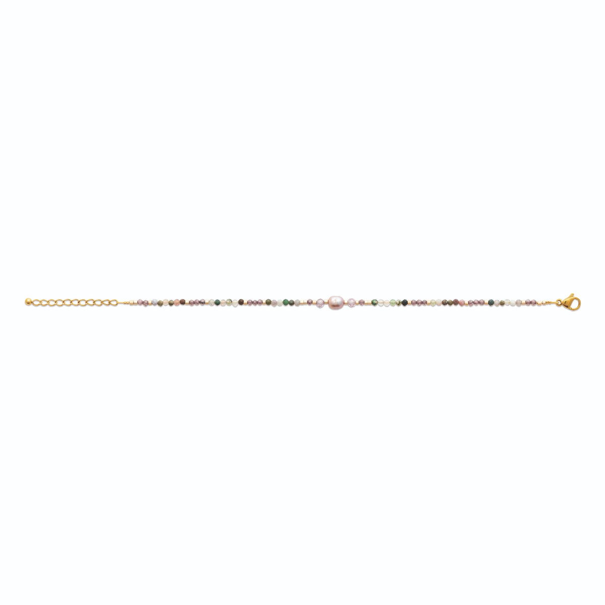 Bracelet fines perles de pierres naturelles roses et vertes en acier PVD doré