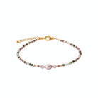 Bracelet fines perles de pierres naturelles roses et vertes en acier PVD doré