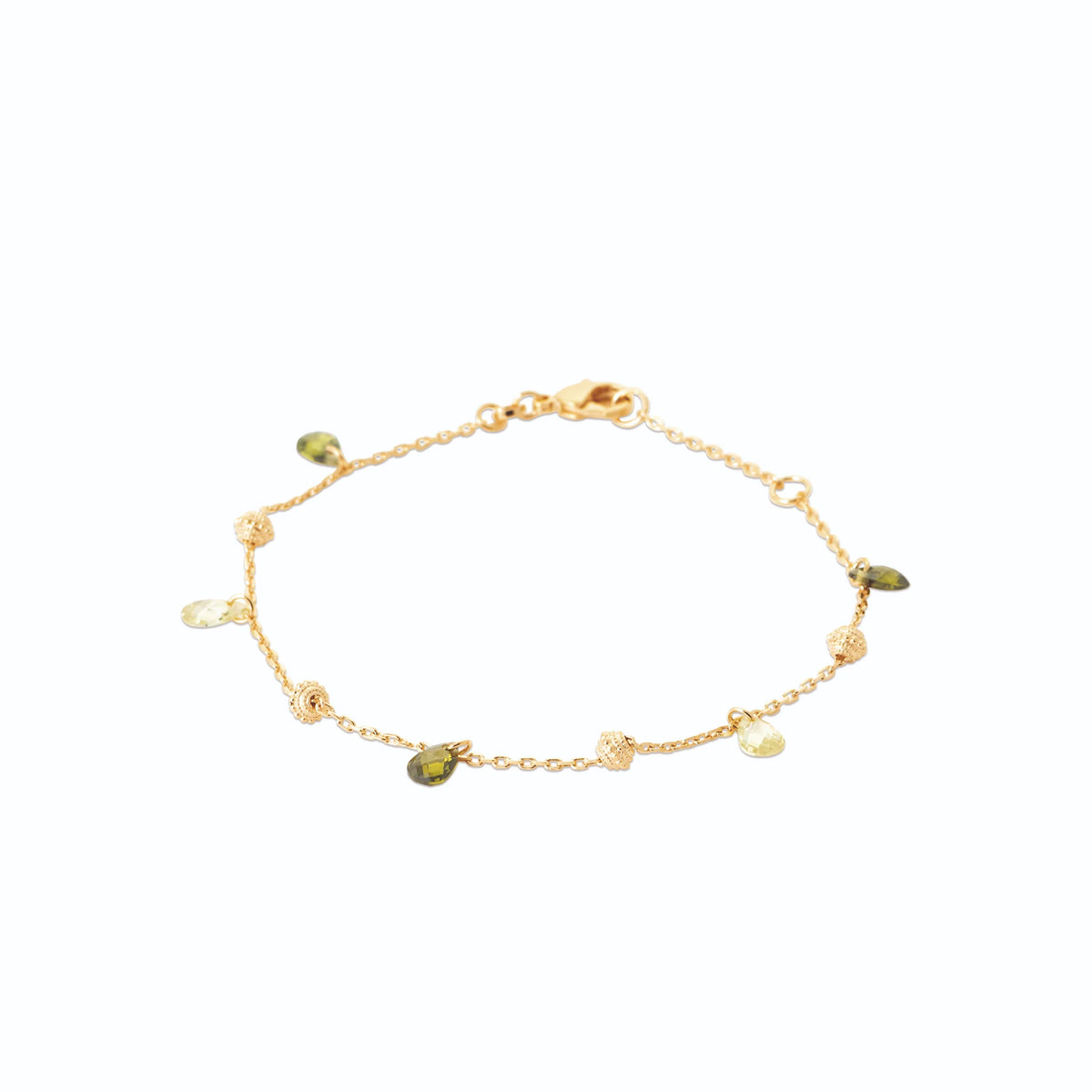 Bracelet gouttes de cristal vert et perles dorées en plaqué or