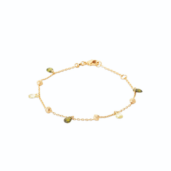 Bracelet gouttes de cristal vert et perles dorées en plaqué or