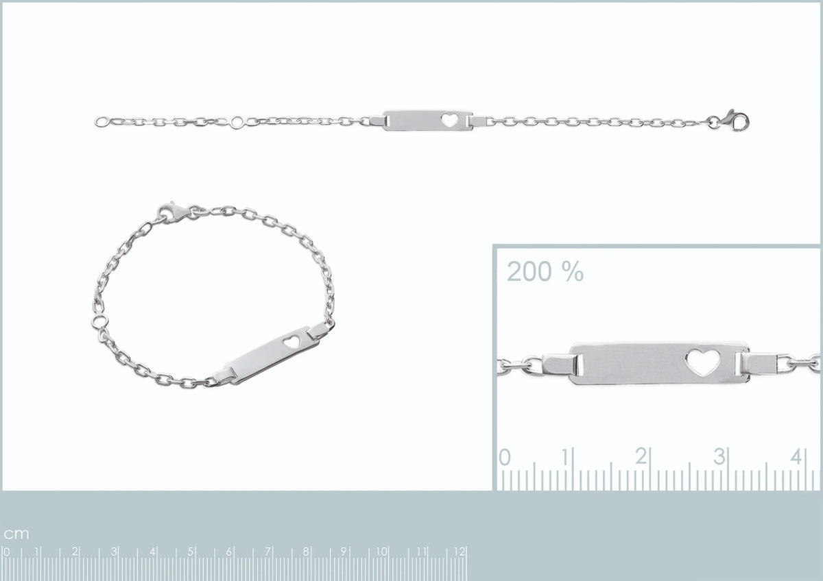 Bracelet identité cœur enfant chaîne fine 2,6 mm en argent 925 rhodié, 16 cm