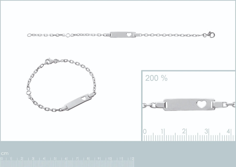 Bracelet identité cœur enfant chaîne fine 2,6 mm en argent 925 rhodié, 16 cm, vue de face
