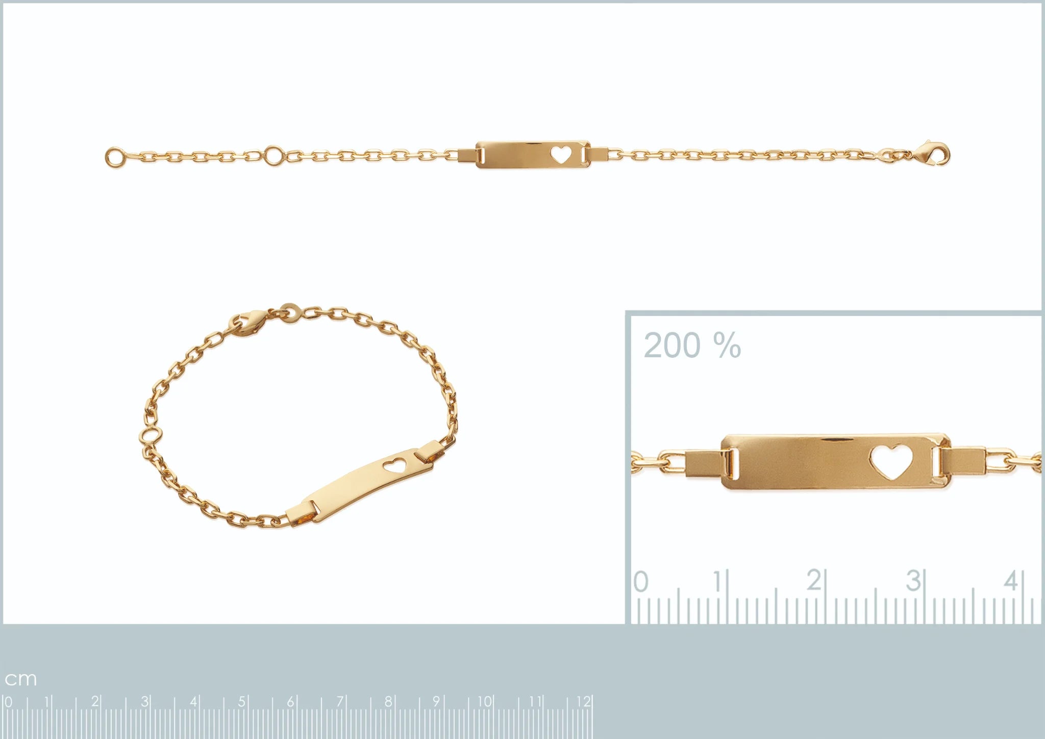 Bracelet identité cœur enfant maille figaro 2,6 mm en plaqué or, 16 cm