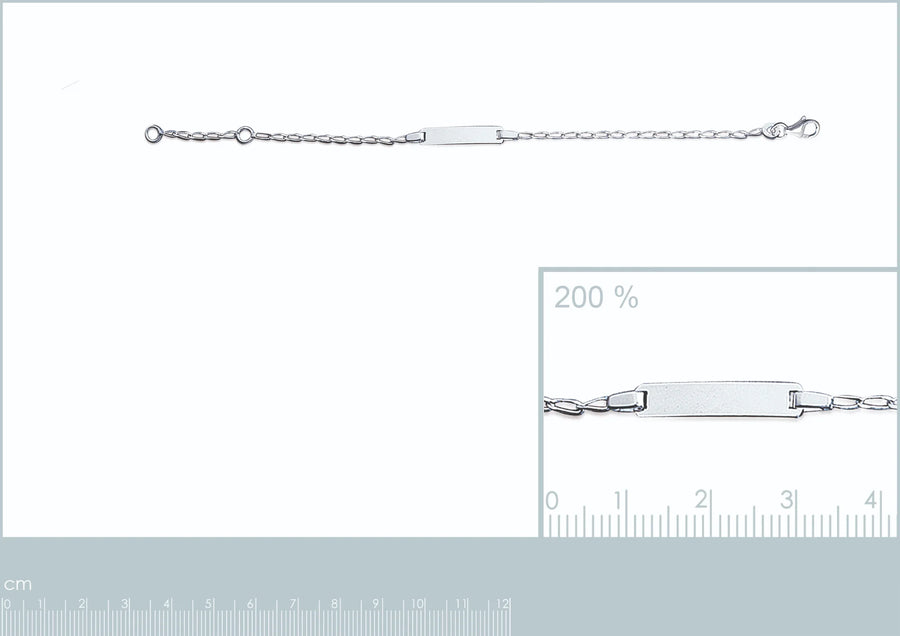 Bracelet identité enfant chaîne fine 2 mm en argent 925 rhodié, 15 cm, vue de face