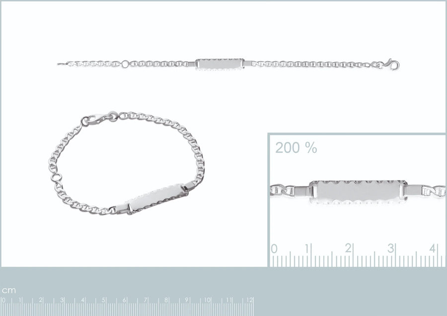 Bracelet identité enfant maille large 3,2 mm en argent 925 rhodié, 16 cm, vue de face