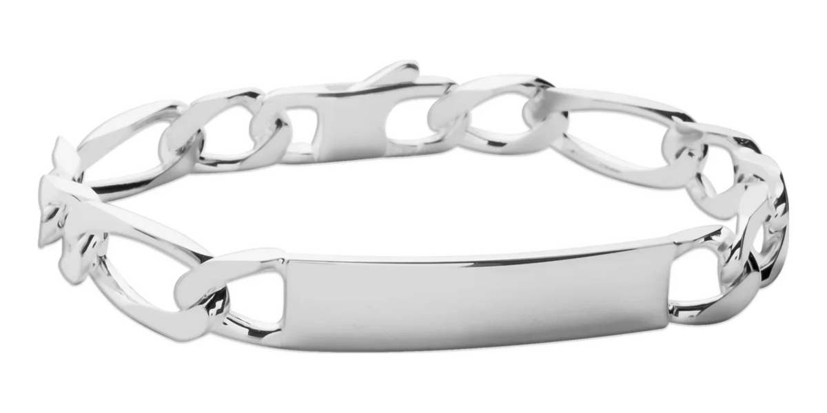 Bracelet identité maille figaro 1+1 9 mm en argent 925 homme 22 cm vu de profil
