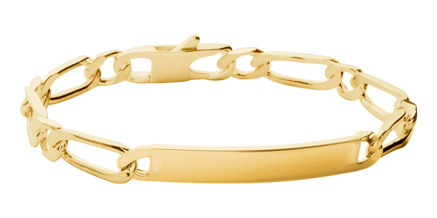 Bracelet identité maille figaro 1+1 en plaqué or 20 cm vu de profil