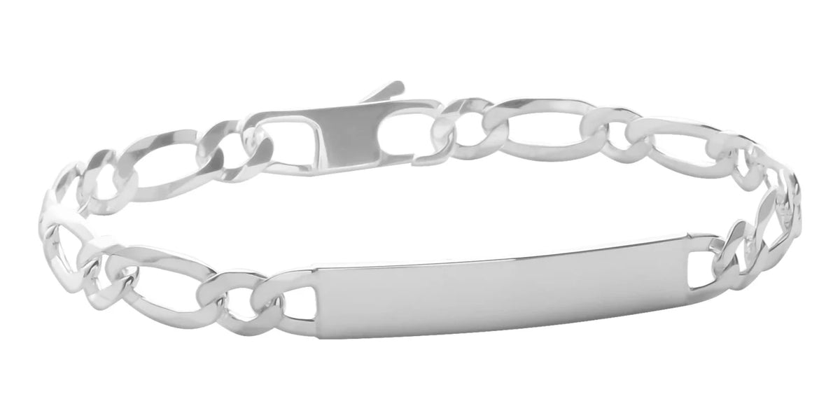 Bracelet identité maille figaro 1+1 fine 7 mm en argent 925 homme 21 cm vu de profil