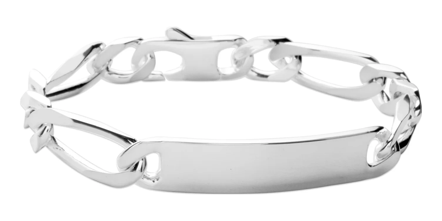 Bracelet identité maille figaro 1+2 9 mm en argent 925 homme 22 cm vu de profil