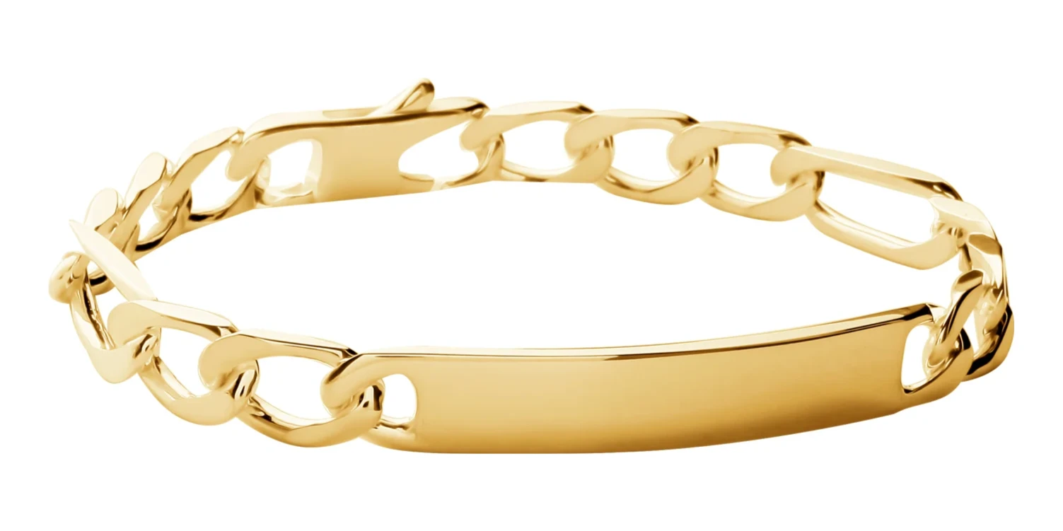 Bracelet identité maille figaro 1+3 8 mm en plaqué or homme 21 cm vu de profil
