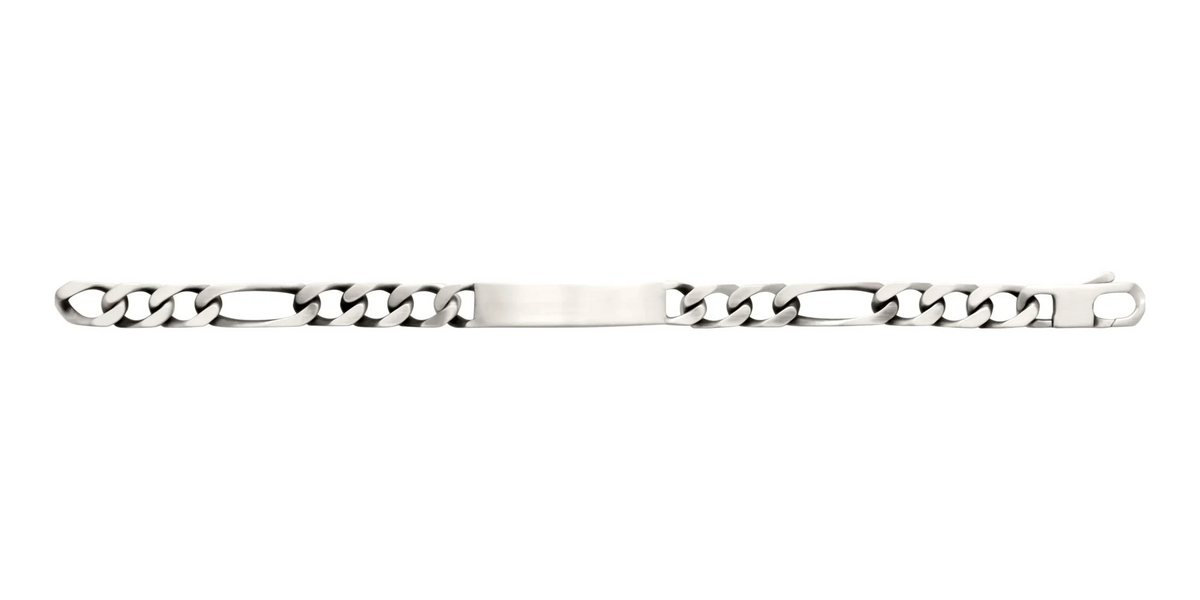 Bracelet identité maille figaro 1+3 à plaque satinée en argent 925 9 mm homme 22 cm vu de profil