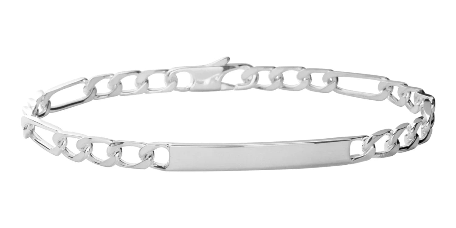 Bracelet identité maille figaro 1+3 fine en argent rhodié 18 cm vu de profil