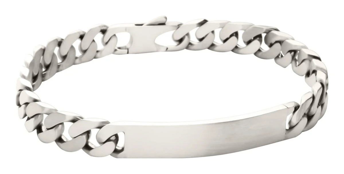 Bracelet identité maille gourmette à plaque satinée en argent 925 8 mm homme 21 cm vu de profil