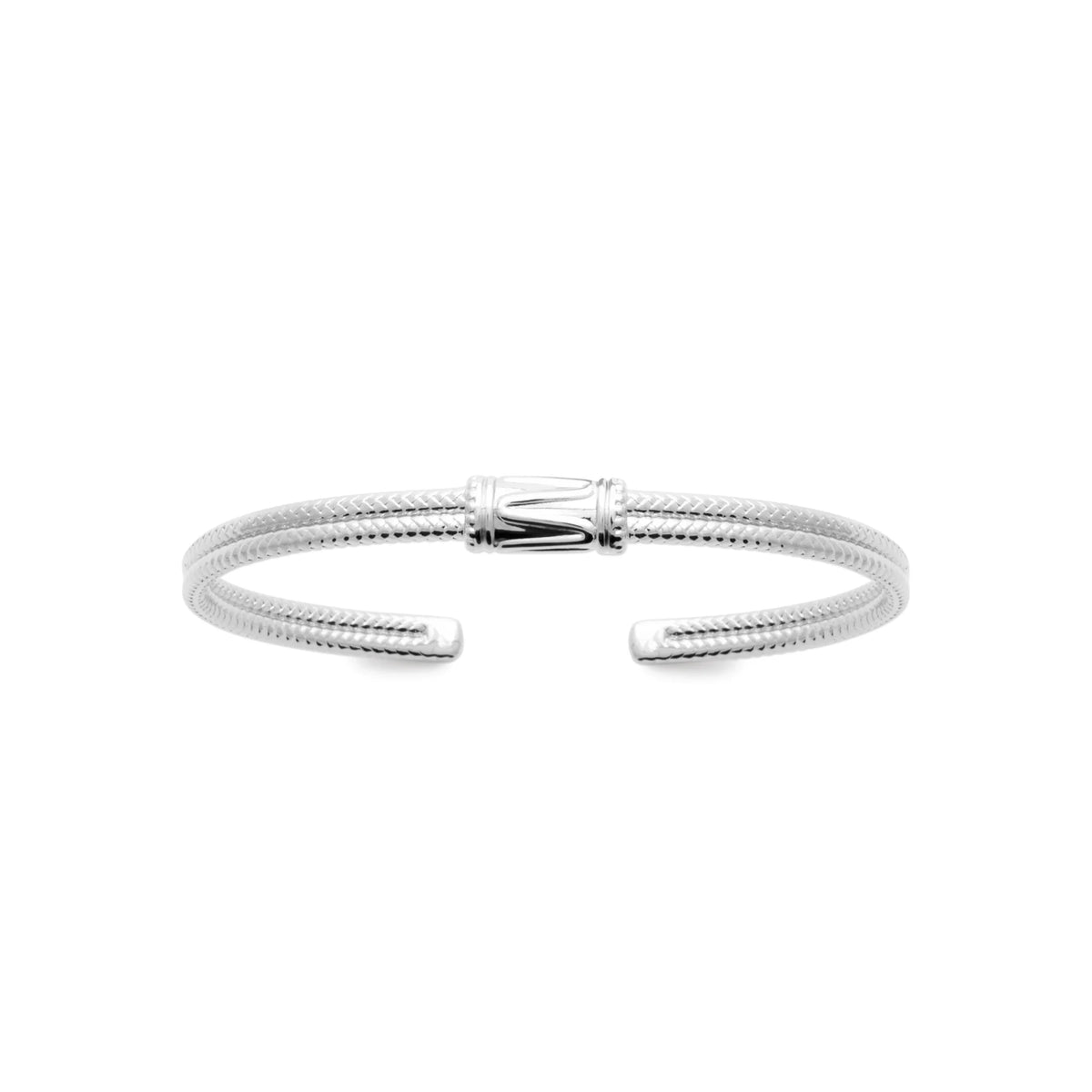 Bracelet jonc ouvert à double fil torsadé en argent rhodié vu de profil