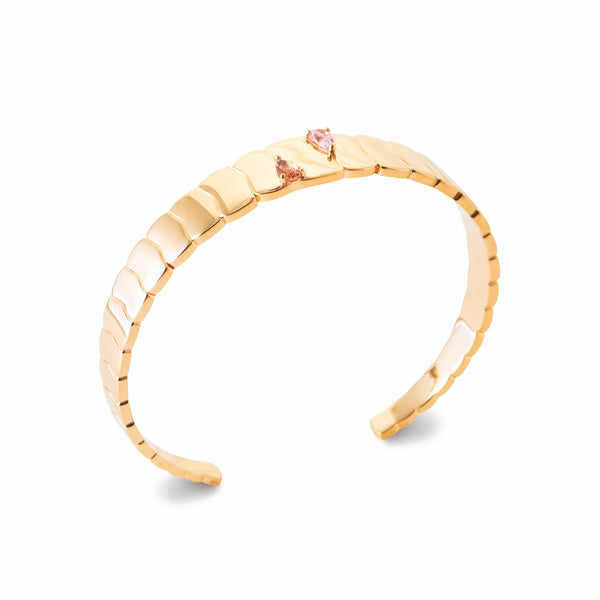 Bracelet jonc ouvert à godrons et pierre rose en plaqué or