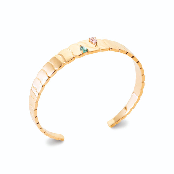 Bracelet jonc ouvert à godrons et pierres de couleur en plaqué or