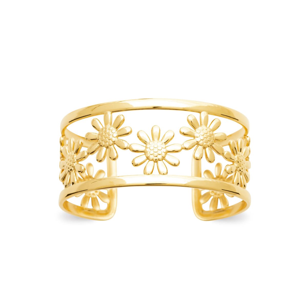 Bracelet jonc ouvert ajouré à marguerites en acier PVD doré