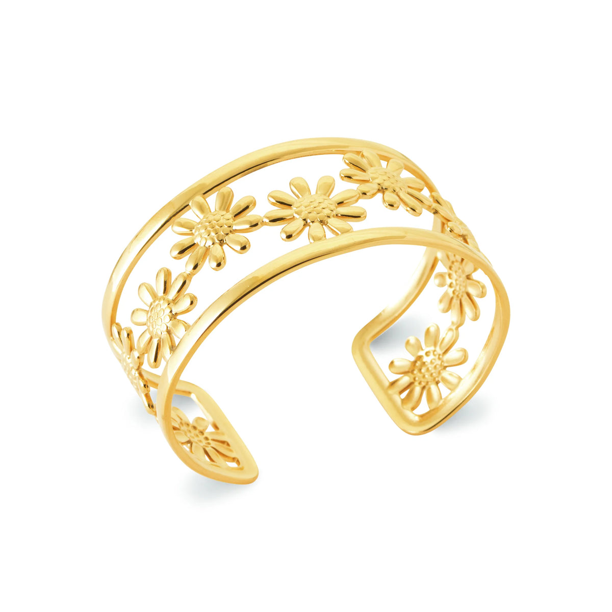 Bracelet jonc ouvert ajouré à marguerites en acier PVD doré