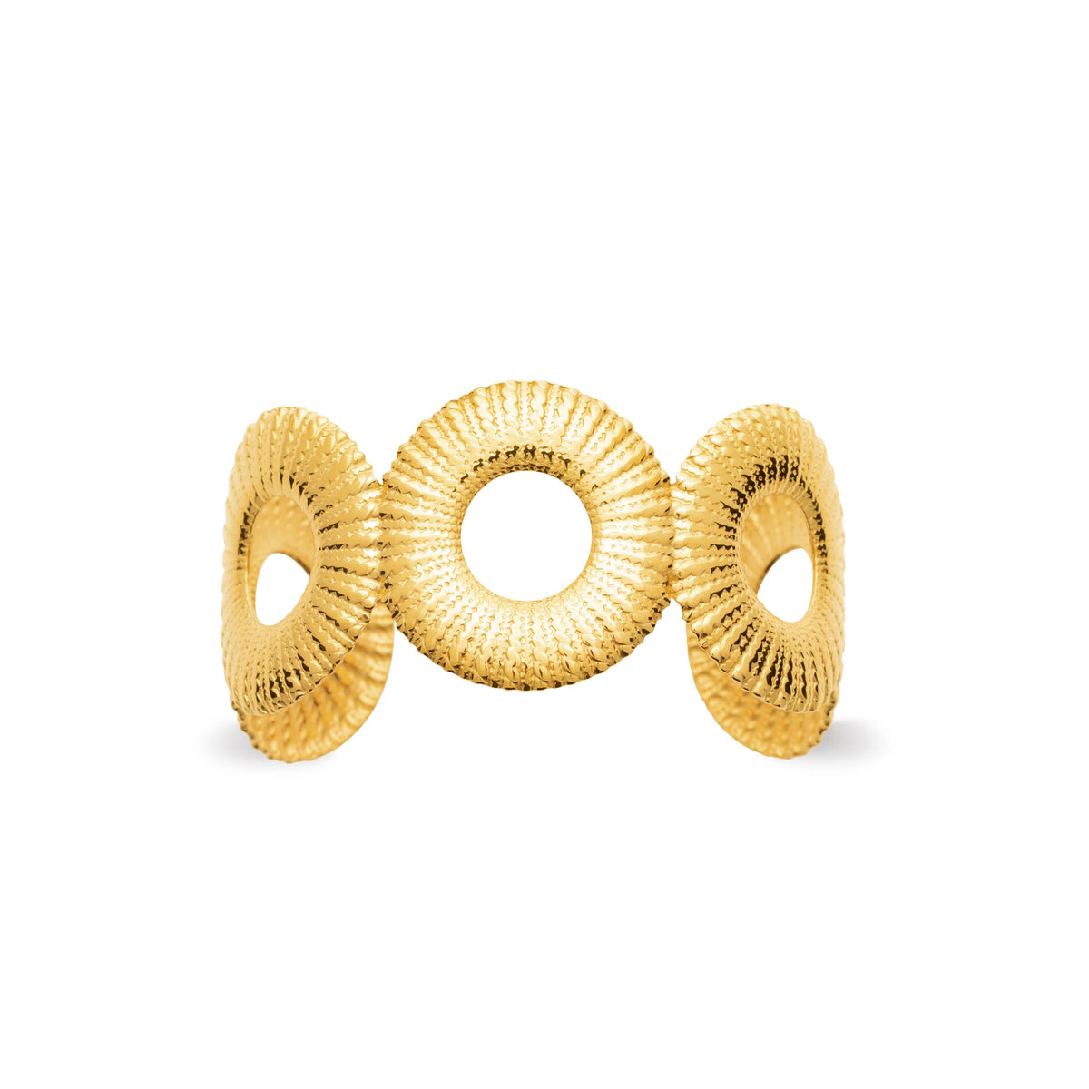 Bracelet jonc ouvert anneaux striés en acier PVD doré