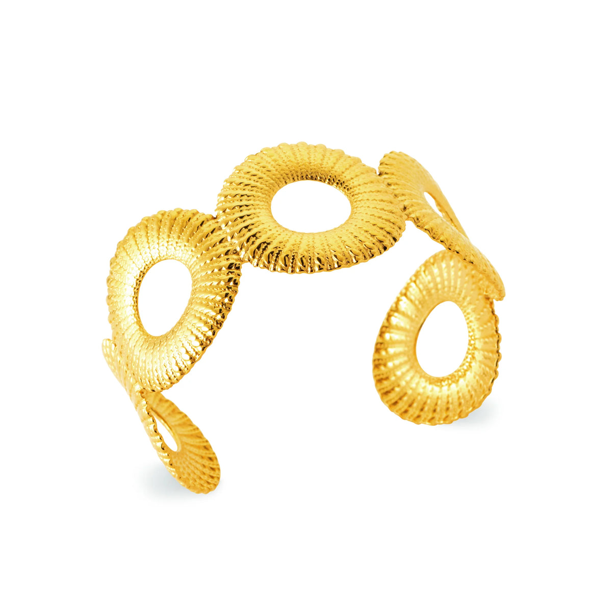 Bracelet jonc ouvert anneaux striés en acier PVD doré