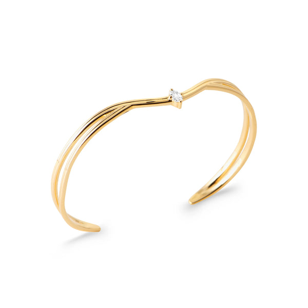 Bracelet jonc ouvert double fil croisé et zircon en plaqué or