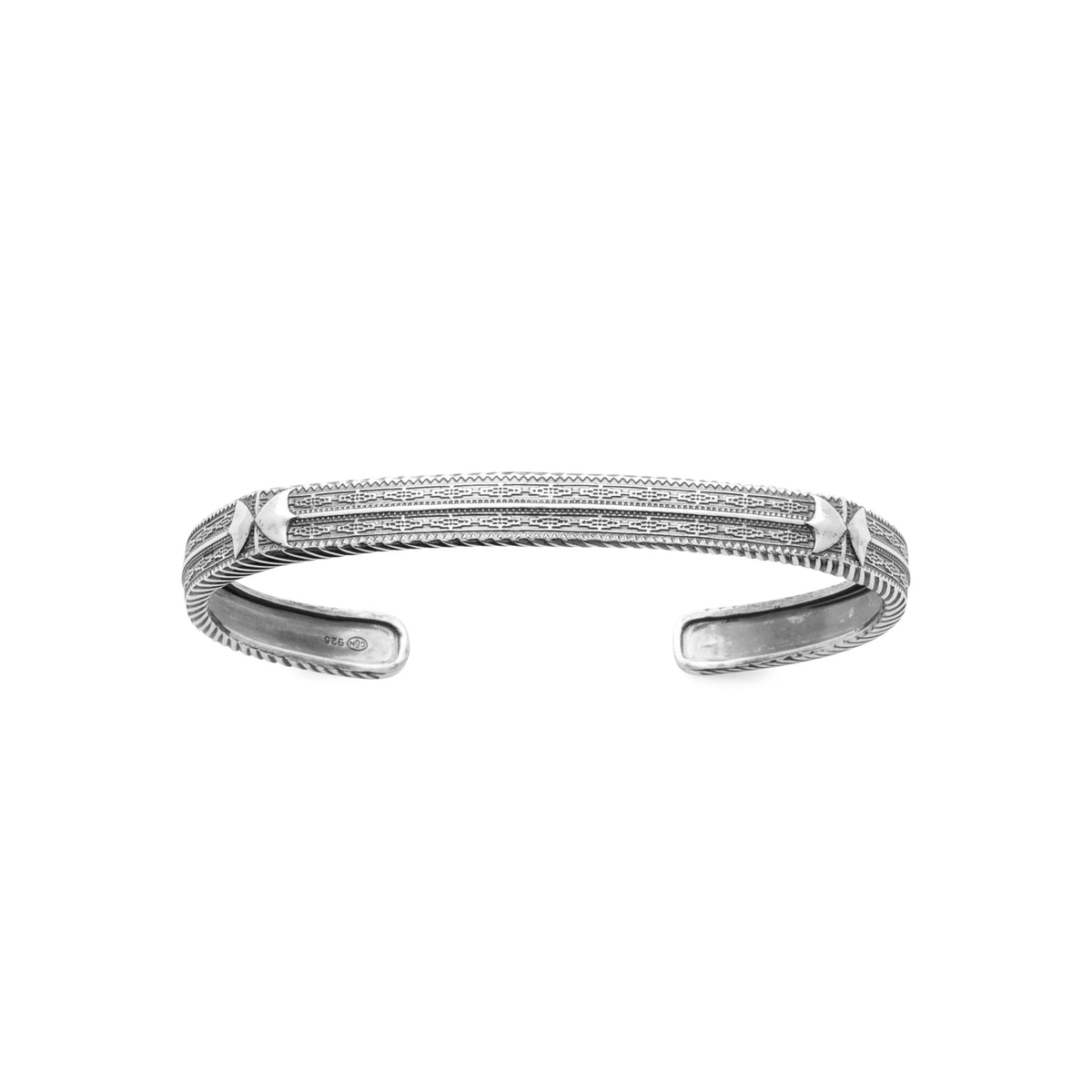 Bracelet jonc ouvert motif plume en argent 925 homme vu de profil
