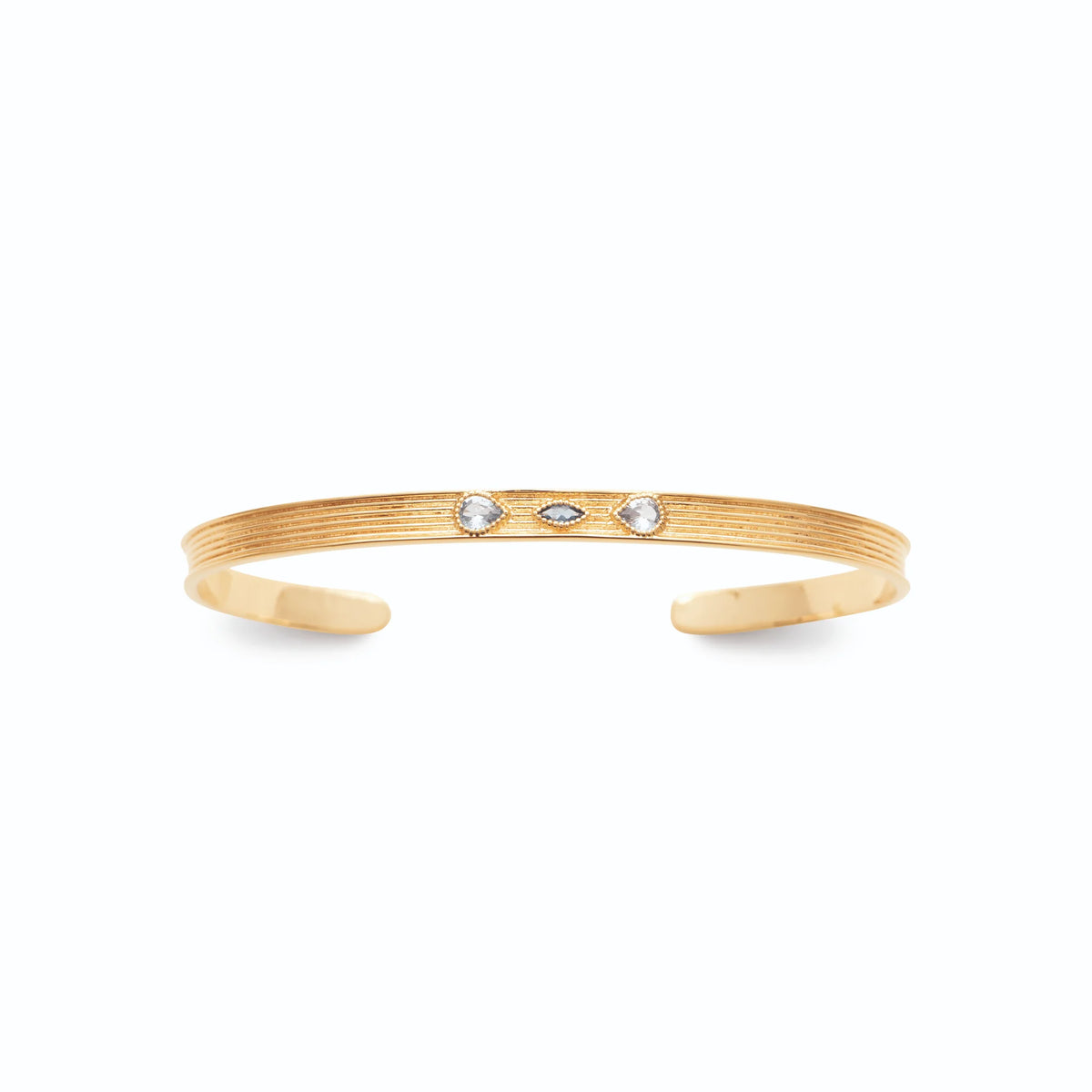 Bracelet jonc ouvert strié et trois pierres bleutées en plaqué or