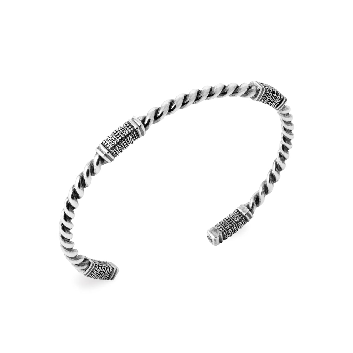 Bracelet jonc ouvert torsadé à embouts ciselés en argent 925 homme