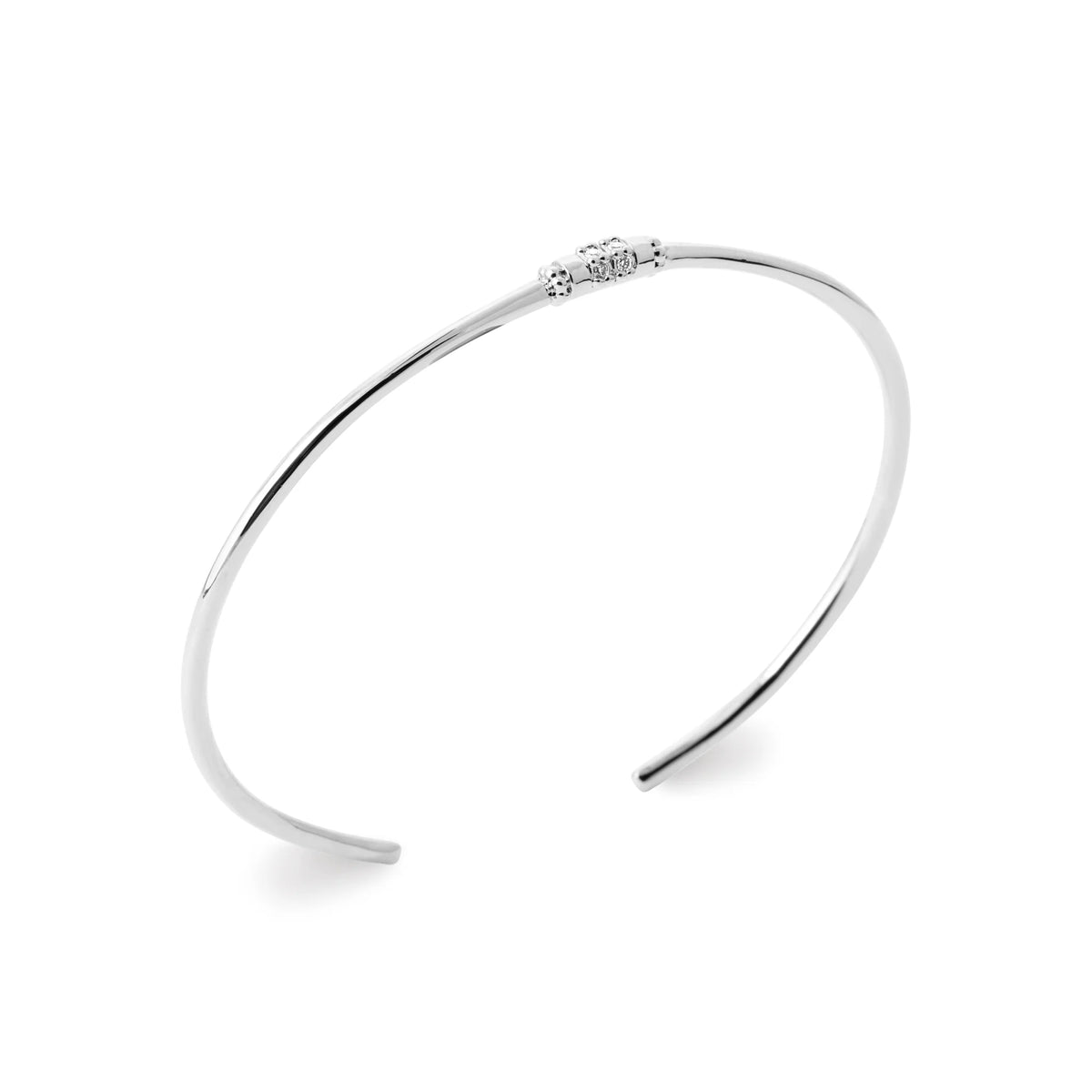 Bracelet jonc ouvert très fin à embout serti de zircons en argent 925 rhodié