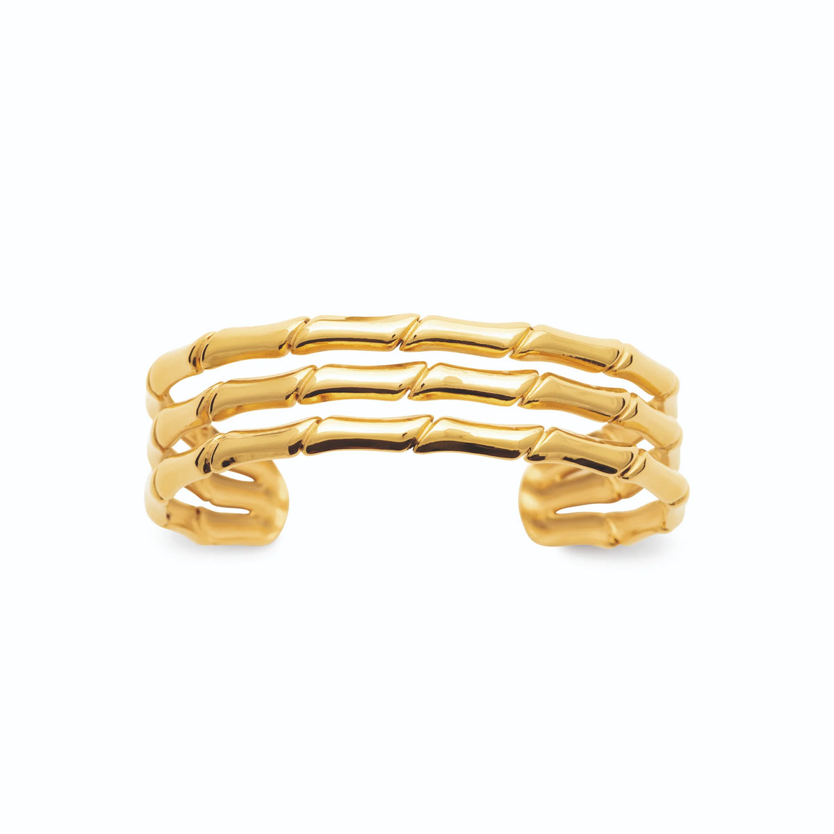 Bracelet jonc ouvert trois rangs effet bambou en acier PVD doré