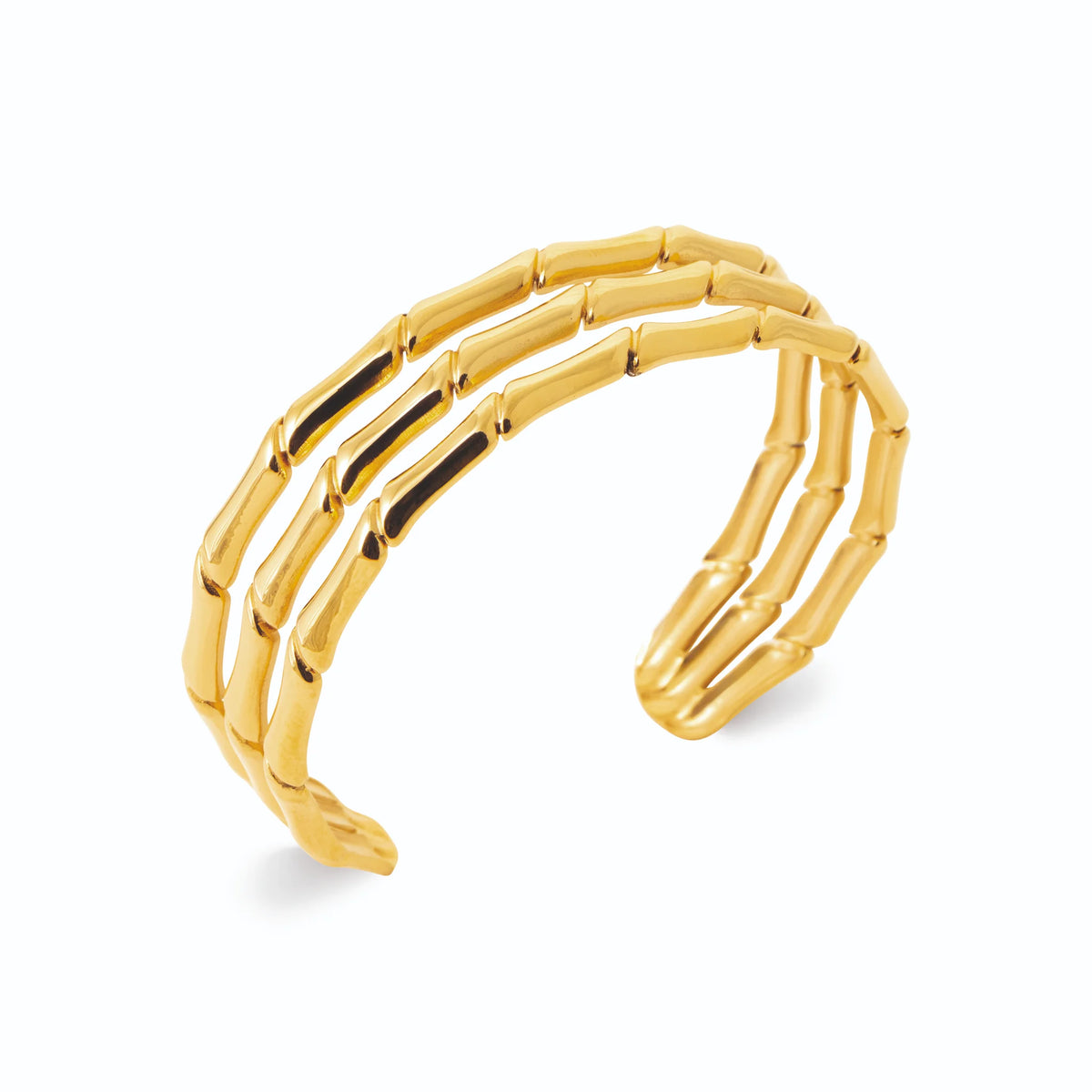 Bracelet jonc ouvert trois rangs effet bambou en acier PVD doré