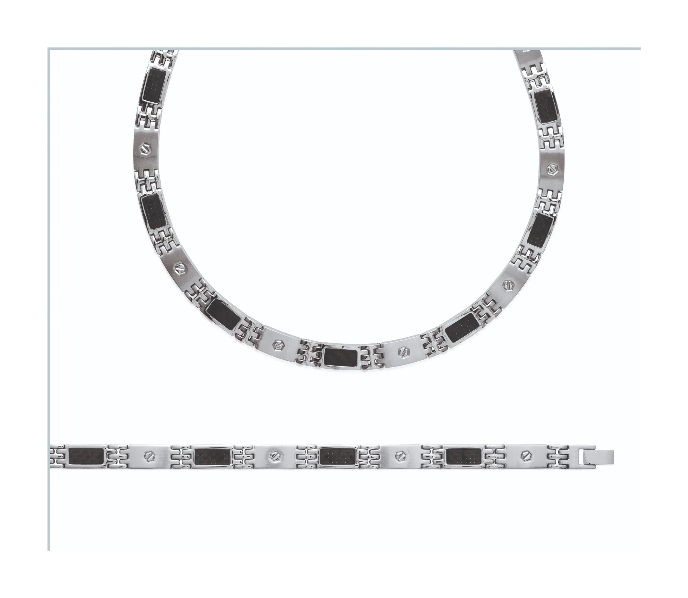 Bracelet maillons à inserts motif carbone en acier homme