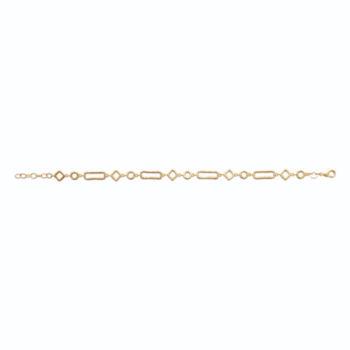 Bracelet maillons martelés rectangle cercle et losange en plaqué or, vu à plat
