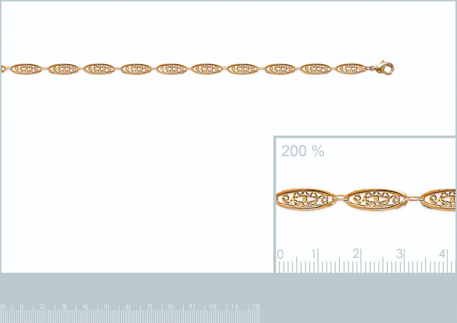 Bracelet maillons navette filigranés en plaqué or, vue de face