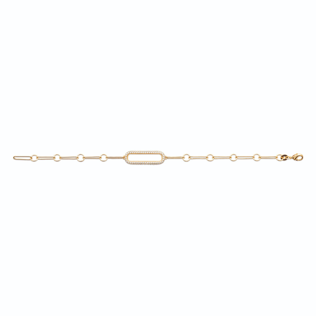 Bracelet maillons rectangulaires et plaque pavée de zircons en plaqué or