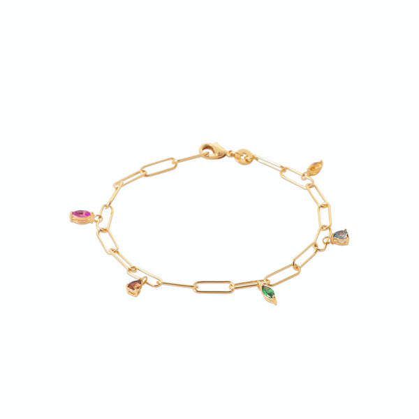 Bracelet maillons trombone et pampille pierre verte en plaqué or