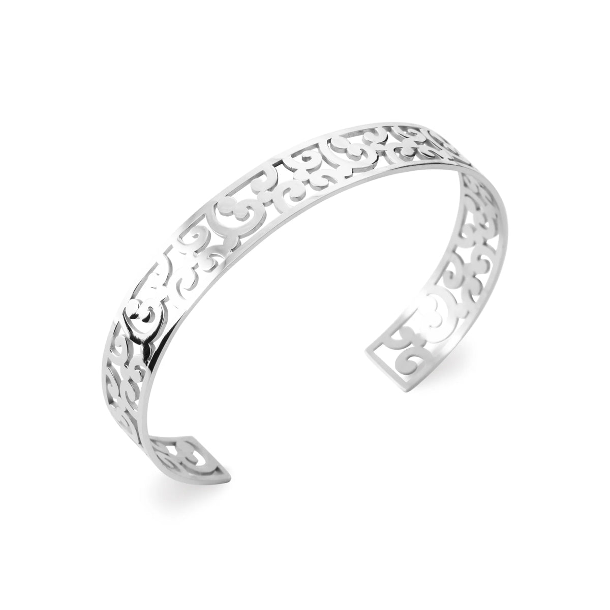 Bracelet manchette ajourée d’arabesques en acier inoxydable