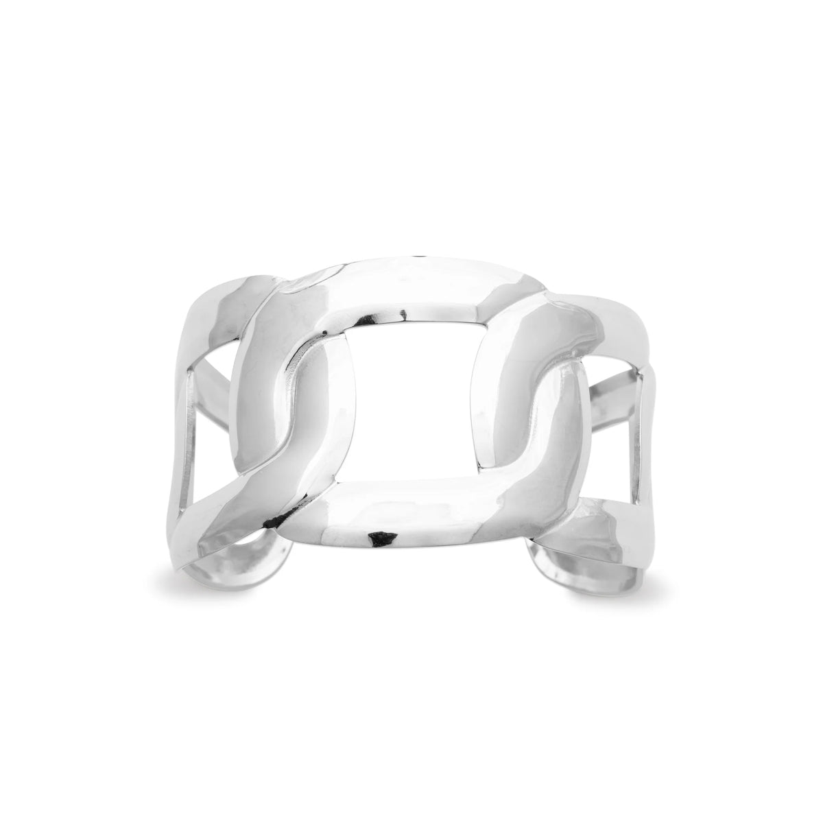 Bracelet manchette ouverte à larges maillons ajourés en acier PVD argenté
