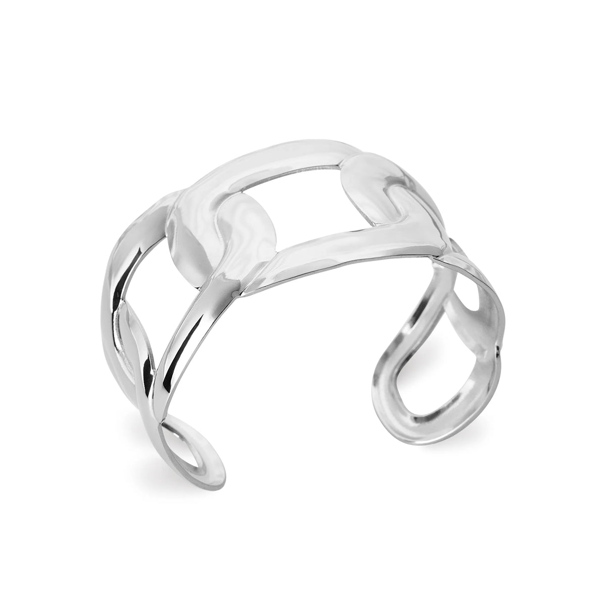 Bracelet manchette ouverte à larges maillons ajourés en acier PVD argenté