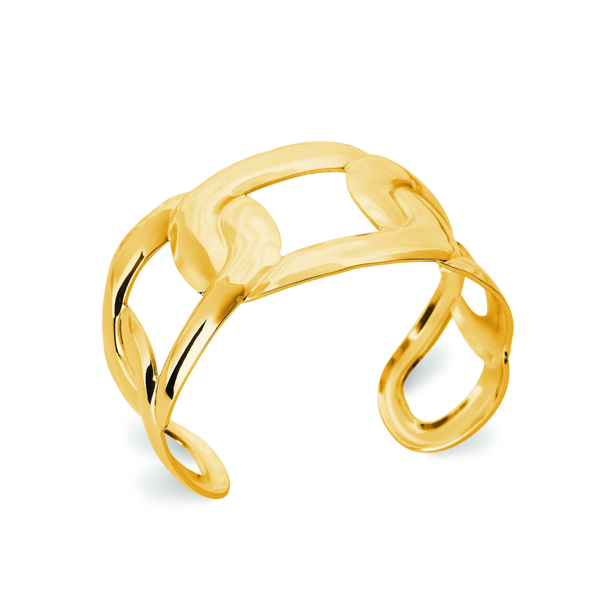 Bracelet manchette ouverte à larges maillons ajourés en acier PVD doré