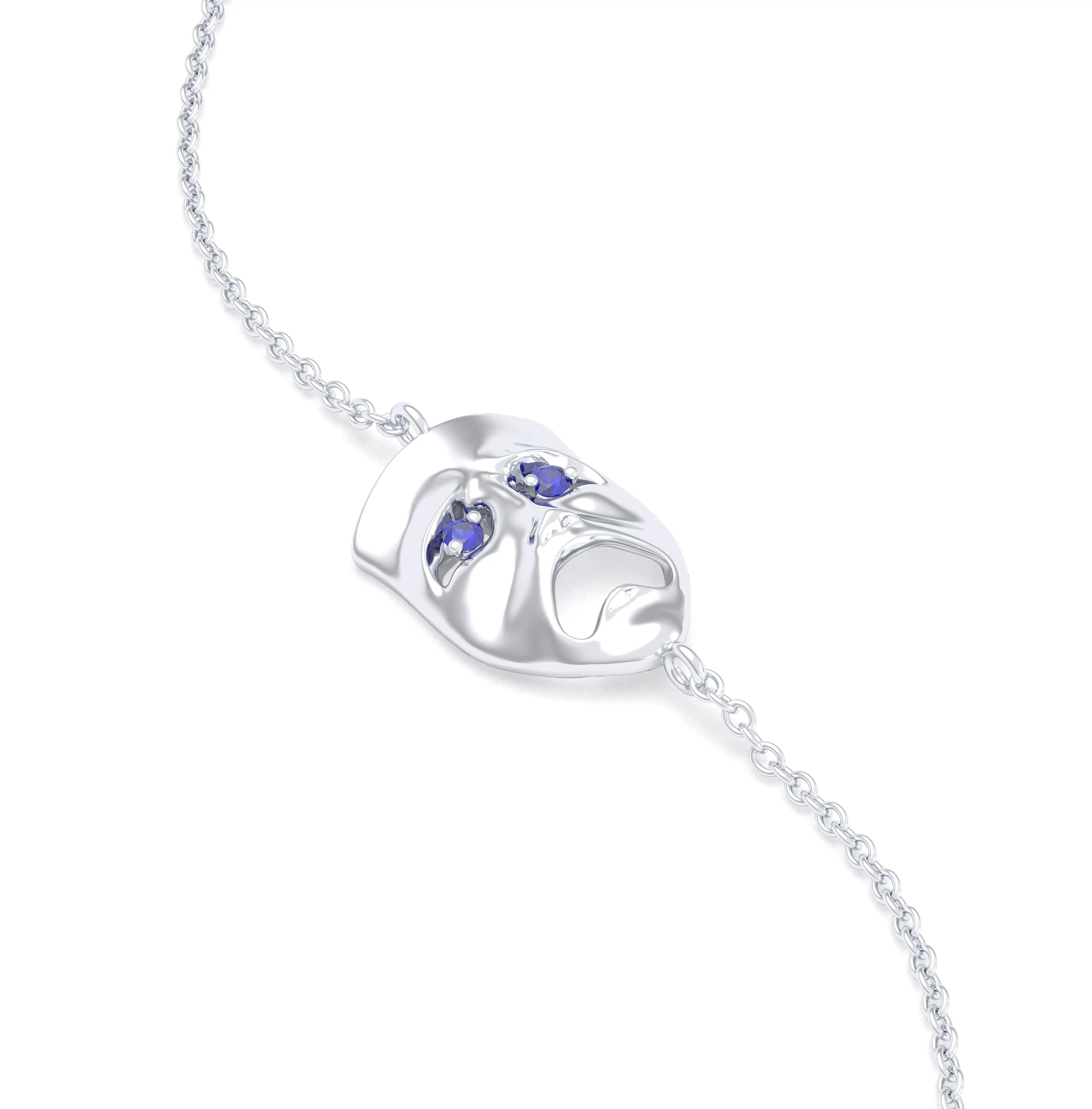Bracelet Mélancolie en or blanc 18 carats, masque théâtre triste Saphir bleu