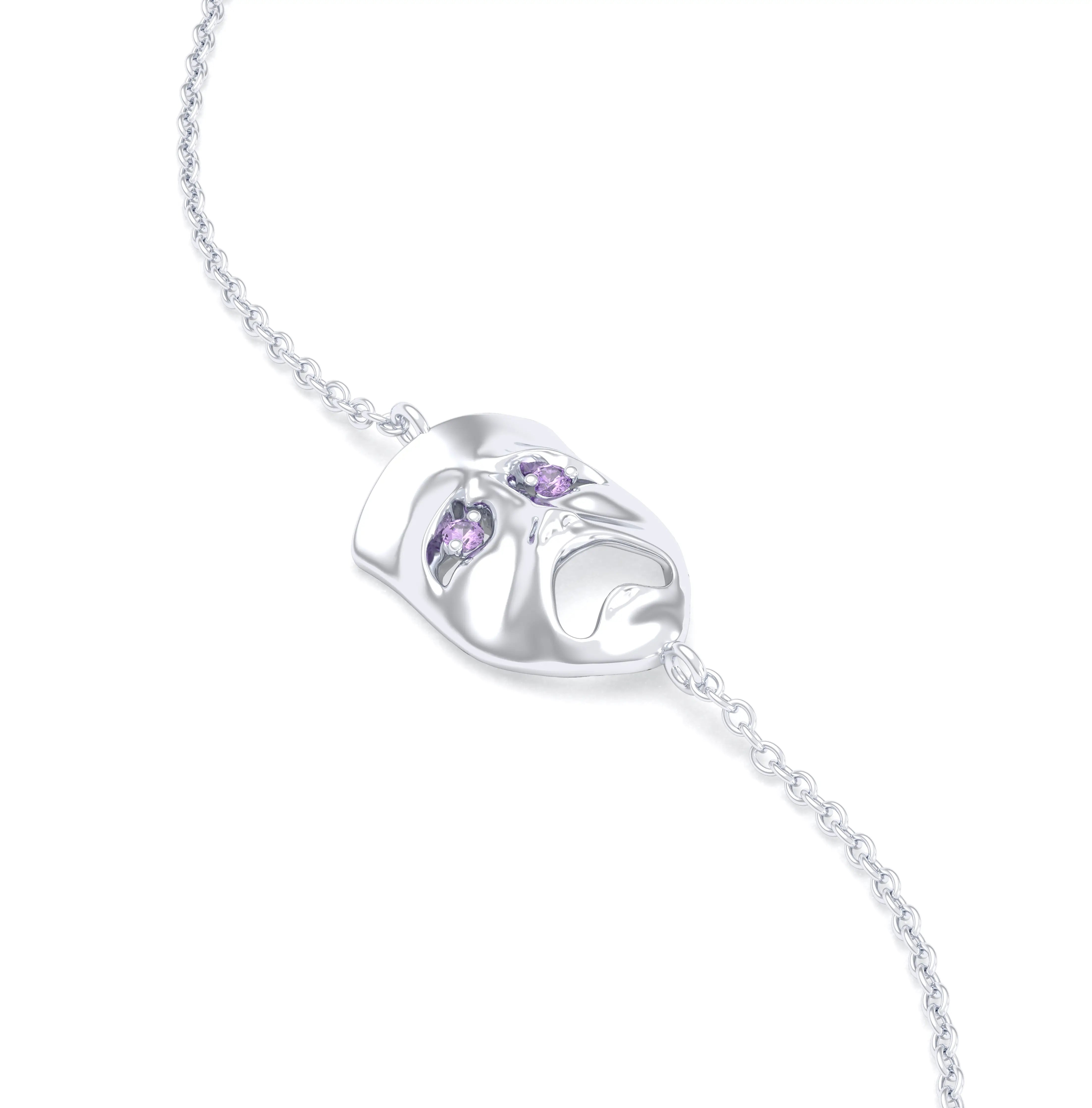Bracelet Mélancolie en or blanc 18 carats, masque théâtre triste Saphir violet