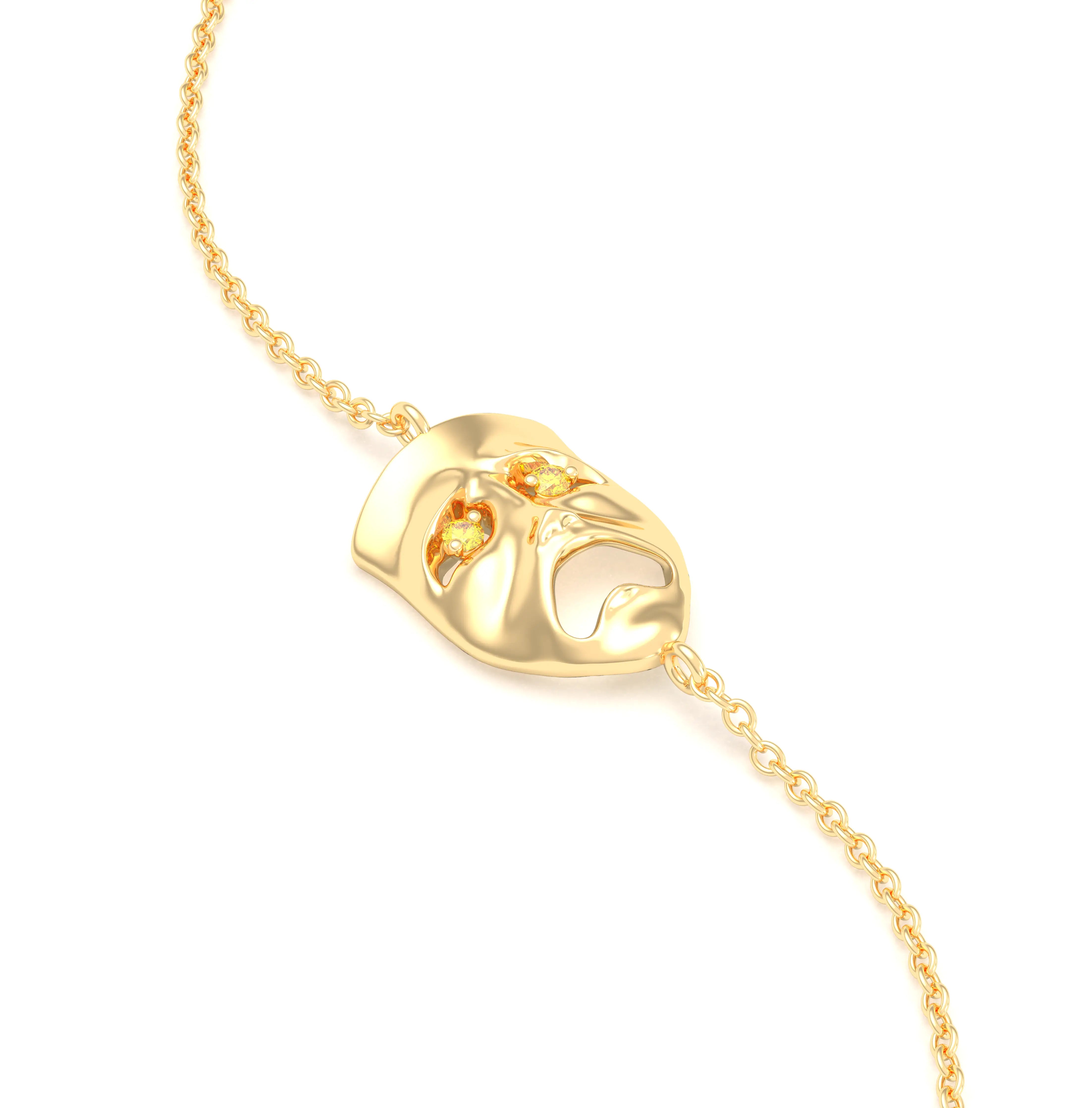 Bracelet Mélancolie en or jaune 18 carats, masque théâtre triste Diamant jaune